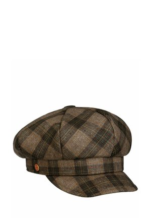 Brown and green plaid wool newsboy cap with a small round metal logo on the side band and a curved brim.