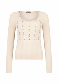 Beežikas soonikkoes kampsun pikate varrukatega, millel on ümar lõhik ja esiküljel kaunistatud dekoratiivsete litritega.