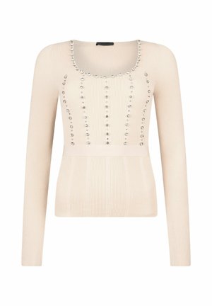 Bež pulover z rebrastim vzorcem in dolgimi rokavi, z izrezom v obliki žlice ter okrašen z dekorativnimi kristalčki spredaj.