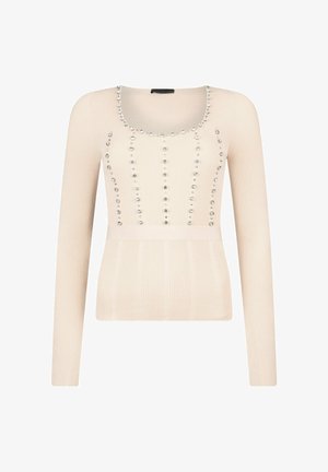 Beiger gerippter Pullover mit langen Ärmeln, einem Rundhalsausschnitt und verziert mit dekorativen Strasssteinen vorne.