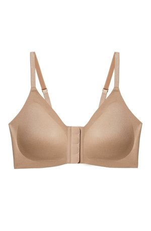 Soutien-gorge nude avec des bonnets lisses et rembourrés, des bretelles réglables et une fermeture à l'avant avec six crochets et œillets. Texture de tissu doux et extensible.
