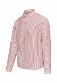 Gestreept overhemd in rood en wit. Lange mouwen, button-down kraag, knopen aan de voorkant en een ontspannen pasvorm. Katoenen materiaal met een gladde textuur.