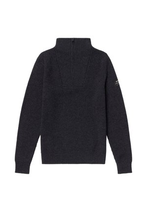 Dunkelgrauer gestrickter Pullover mit einem halben Reißverschluss am Ausschnitt, mit geripptem Textur, langen Ärmeln und einem Logo-Patch am linken Arm.