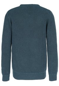 Stickad tröja i mörk teal, med ett texturmönster, långa ärmar och ribbade mudd- och fållkanter. Inga synliga knäppningar eller grafik.