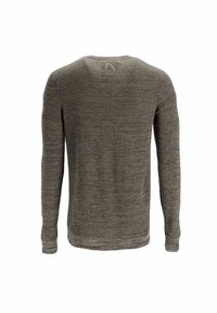 Langärmliger Pullover aus strukturiertem dunkelgrauem Strick mit rundem Ausschnitt und dezenten Nahtdetails an den Schultern und Bündchen.