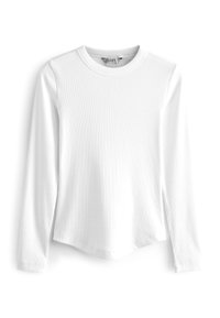 Biela dlhá rukáv, rebrovaná crewneck tričko s okrúhlym lemom a bočnými rozparkami, vyrobené z jemnej, textúrovanej tkaniny.