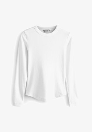 Witte lange mouwen, geribbelde crewneck t-shirt met een ronde onderrand en zijsplitten, gemaakt van een zachte, gestructureerde stof.