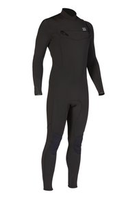 Black full-body wetsuit with long sleeves, knee pads, high collar, and chest zipper pocket, designed for water sports.