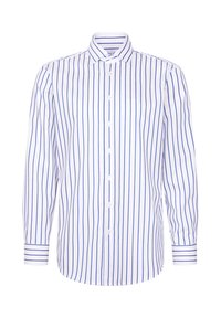 Chemise blanche à manches longues avec des rayures verticales bleues, devant boutonné et col classique pointu.