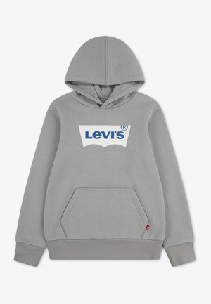 Szara bluza z kapturem, przednią kieszenią i niebieskim logo Levi's na środku klatki piersiowej.