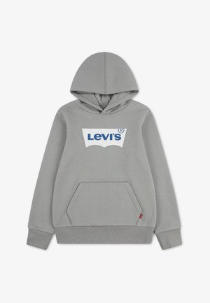 Szara bluza z kapturem, przednią kieszenią i niebieskim logo Levi's na środku klatki piersiowej.