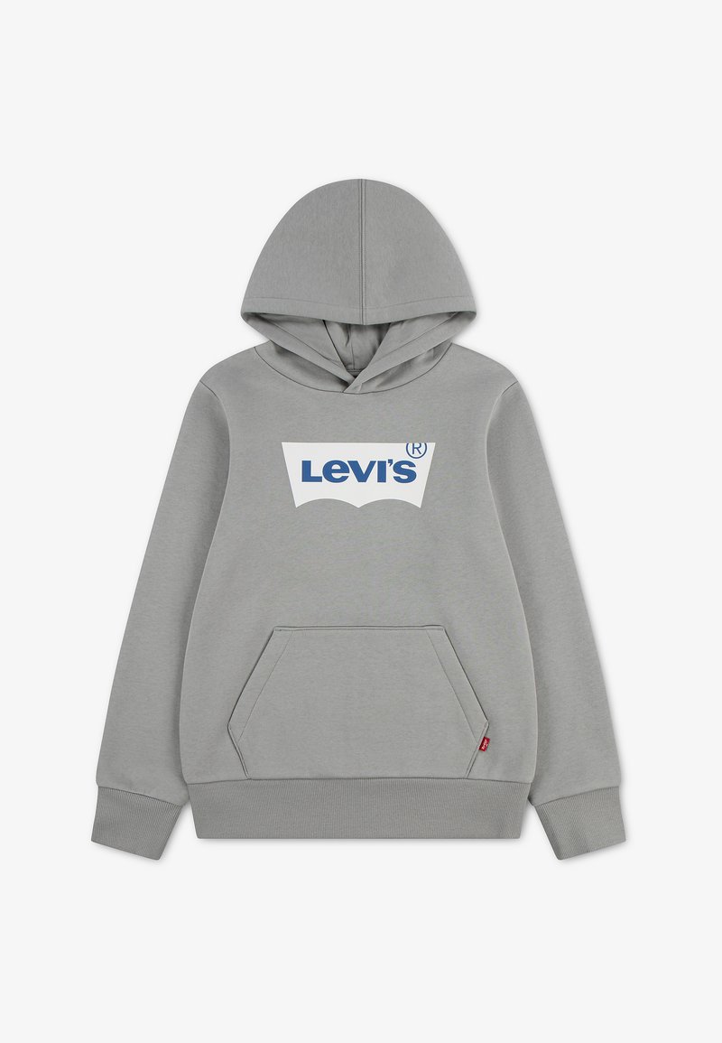 Sweat à capuche gris avec une poche kangourou à l'avant et un logo Levi's bleu centré sur la poitrine.