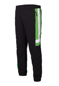 Zwarte sportbroek met elastische tailleband, voorzien van een groen-wit gestreepte accent aan de linkerkant en een slim-fit ontwerp.