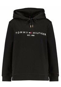 Hoodie noir avec une capuche à cordon et le texte et logo "Tommy Hilfiger EST. 1985" centrés sur la poitrine.