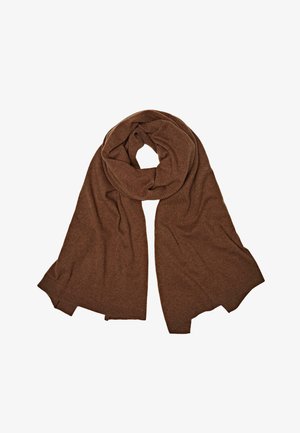 Écharpe en laine marron tricotée avec une texture douce, présentant un design allongé et drapé. Les bords sont finement finis avec un ourlet côtelé.