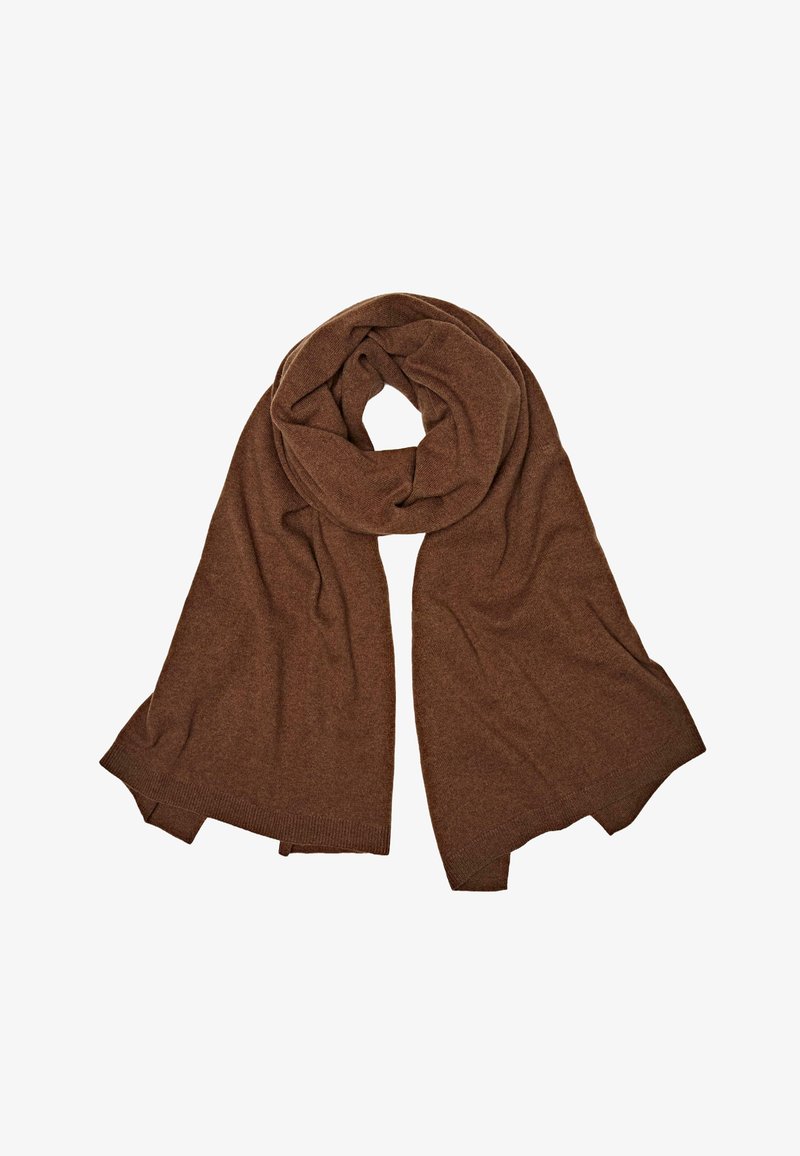 Brun stickad scarf med en mjuk textur, som har en förlängd, draperad design. Kanterna är avslutade med en ribbad kant.