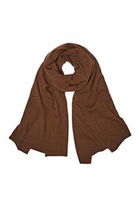 Brown knitted scarf with a soft texture, featuring an elongated, draped design. Edges are finished with a ribbed trim.