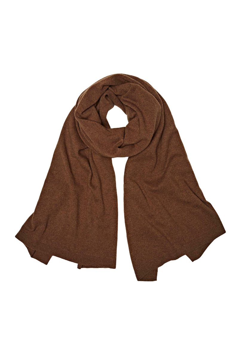 Brown knitted scarf with a soft texture, featuring an elongated, draped design. Edges are finished with a ribbed trim.