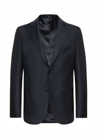 Granatowa marynarka z satynowym kołnierzem, zapinana na dwa guziki z przednimi kieszeniami. Gładka tekstura, dopasowany krój i czyste linie.