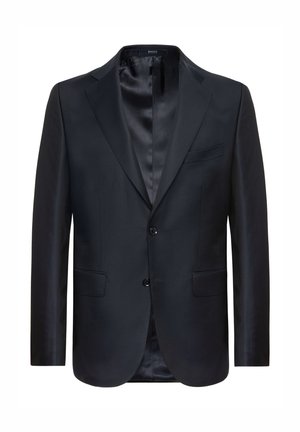 Marineblazer met een satijnen revers, twee knopen aan de voorkant en voorzakken. Gladde textuur, getailleerde vorm en strakke lijnen.