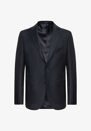 Námořnické sako s lesklým klopovým límcem, dvouknoflíkovým zapínáním a předními kapsami. Hladká textura, střih na míru a čisté linie.