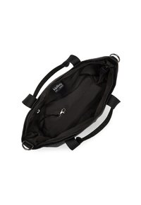 Zwarte Kipling tote bag met bovenrits, dubbele handvaten, binnenste sleutelhanger en stoffen label aan de binnenkant, getoond van boven tegen een witte achtergrond.