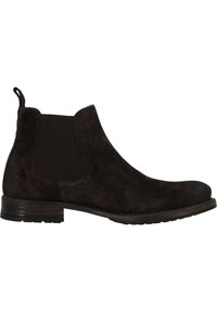 Bottes de cheville en daim noir avec des panneaux élastiques latéraux, bout arrondi et un petit talon empilé. Présente un design minimaliste et des détails de couture.