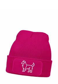 Pink knitted beanie with a folded cuff displaying a white outline of a dog. Material appears soft with ribbed texture.