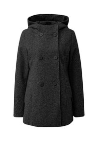 Manteau à capuche gris foncé croisé avec six boutons noirs et manches longues, en tissu texturé.