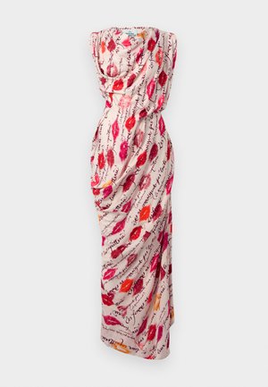 Silk dress featuring a draped design with a patterned print of colorful lip prints and handwritten text on a light pink background.