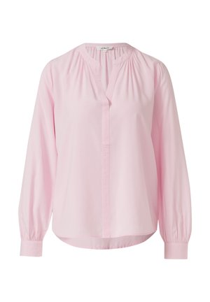 Jasnoróżowa bluzka z dekoltem w kształcie litery V, długimi rękawami z marszczonymi mankietami oraz lekko zaokrąglonym dołem. Wykonana z miękkiego, gładkiego materiału.