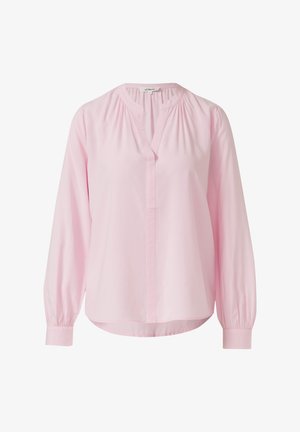 Jasnoróżowa bluzka z dekoltem w kształcie litery V, długimi rękawami z marszczonymi mankietami oraz lekko zaokrąglonym dołem. Wykonana z miękkiego, gładkiego materiału.