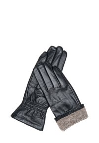 Czarne skórzane rękawiczki z miękkim, szarym dzianinowym mankietem i marszczonym detalem na nadgarstku; elegancki design z pięcioma palcami i gładką teksturą.
