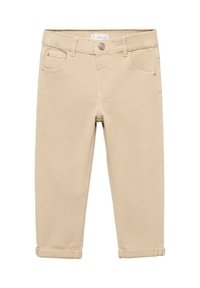 Beige puuvillapantsit, joissa on kapea malli, viisi taskua, taitetut lahkeet ja metallinappi vyötäröllä. Sileä kangas.