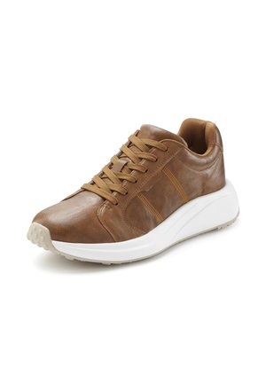 Brown leather sneaker with tan laces and white thick sole, angled left, on white background.