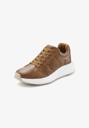 Brown leather sneaker with tan laces and white thick sole, angled left, on white background.