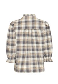 Gestreifte Hemdbluse in Grau, Creme und Braun mit gerafftem Rücken, Puffärmeln und klassischem Kragen. Weicher Stofftextur.