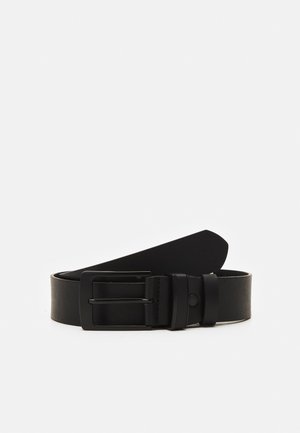 Black leather belt with a rectangular black metal buckle, flat design, smooth texture, and tapered end. No patterns or additional accents.