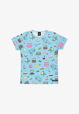 Light blue short-sleeve t-shirt featuring a colorful dessert print with cakes, ice creams, and party hats. Made from soft cotton fabric.