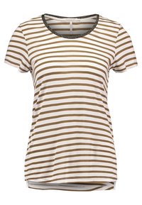 Camiseta de manga corta a rayas en beige y marrón; escote redondo con un borde brillante; tejido suave con un ajuste relajado y dobladillo curvado.