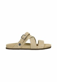 Sandale beige en daim à bout ouvert avec deux larges brides, une bride réglable à boucle et une semelle plate marron foncé.