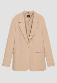 Beige sako vyrobené z hladké tkaniny, s klopovým límcem, jednoduchým zapínáním na knoflík a dvěma předními kapsami. Kostičkový silueta s dlouhými rukávy.