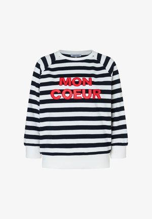 Sweat-shirt à manches longues à rayures noires et blanches avec texte rouge "MON COEUR" sur le devant, poignets et ceinture blancs.