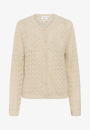 Béžový pletený sveter s čipkovým vzorom, okrúhlym výstrihom a gombíkmi na prednej strane. Hladké úplety na rukávoch a leme pre priliehavý vzhľad.