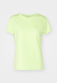 Vaaleanvihreä puuvillapaita lyhyillä hihoilla, pyöreällä kaula-aukolla ja brodeeratulla "BOSS"-logolla rinnassa. Sileä pinta, rento muotoilu.