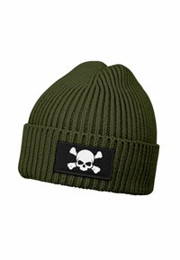 Olive green knit beanie with ribbed texture and a black patch featuring a white skull and crossbones design.
