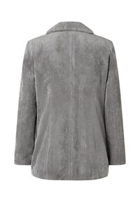 Grijze corduroy blazer met een geknipt kraag, lange mouwen en verticaal geribbelde textuur. Bevat twee zijzakken en een rechte zoom.