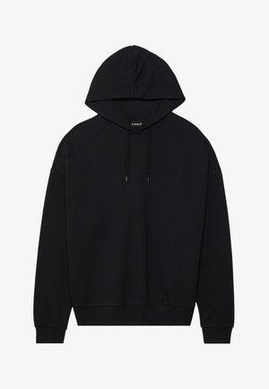 Musta huppari, joka on valmistettu puuvillasta ja jossa on nauhakiristys, pitkät hihat sekä ribattu helma ja hihansuut. Tasainen, yksivärinen pinta.