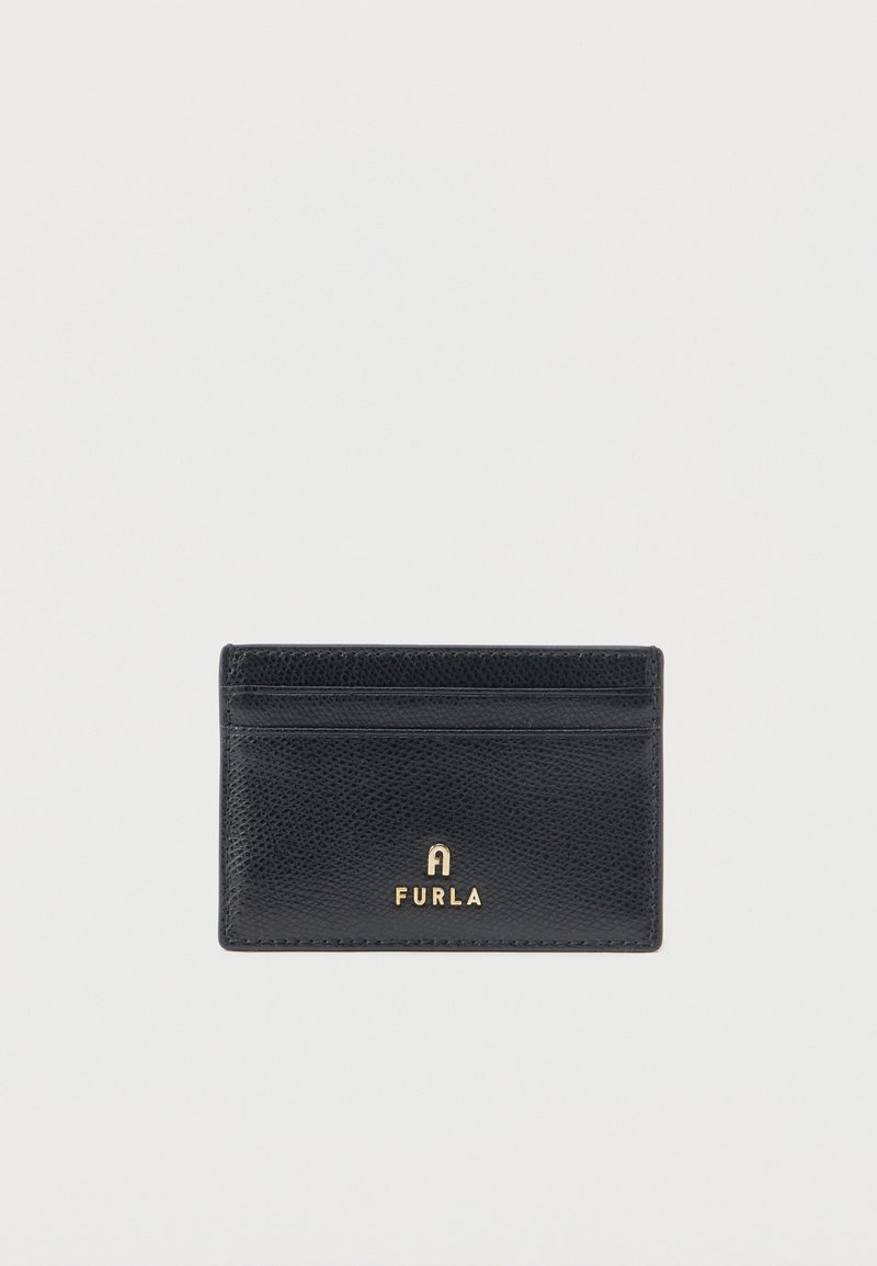 Black leather cardholder with a textured finish, featuring four card slots and a gold logo centered on the front.