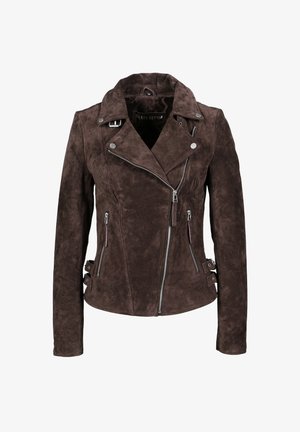 Veste de moto en suède synthétique marron avec fermeture éclair sur le devant, épaulettes et poches latérales. Dispose d'une coupe ajustée et de larges revers.